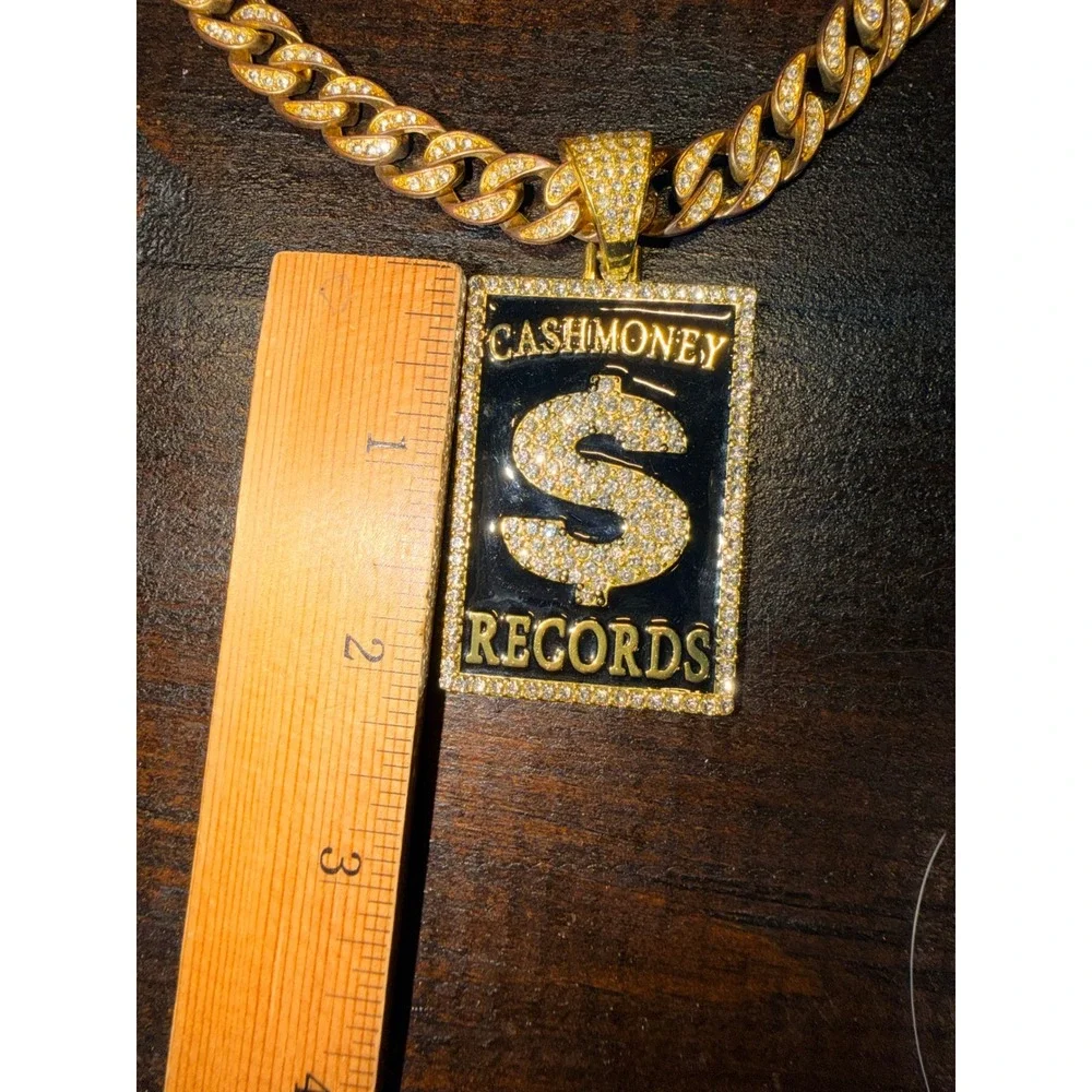 Mens Gold Tone CashMoney Records Pendant Chain Necklace Iced Cuban Box Out Bling